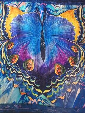 100% Silk Luxurious  MonnaLisa Epson Colorful Vibrant Butterfly Scarf Rolled Hem
